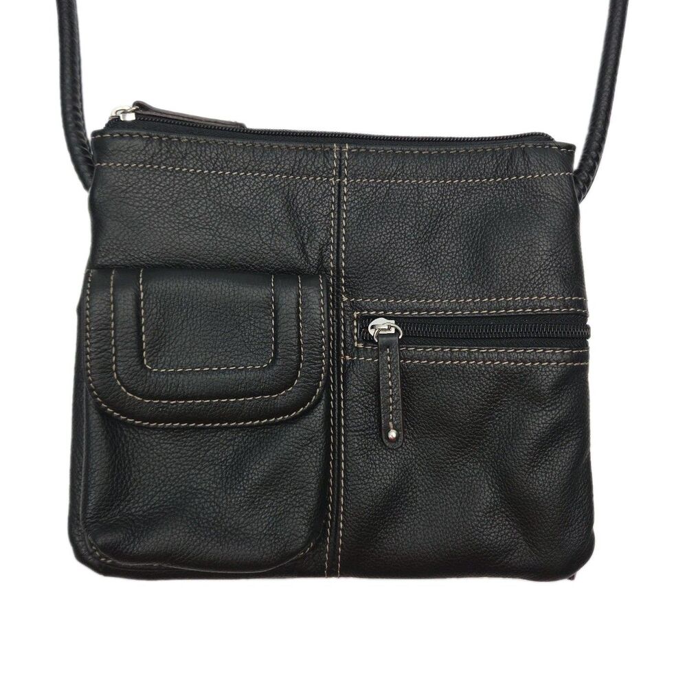 Tignanello Purse Crossbody Bag Zip Black Leather Organizer Wallet Pockets Small